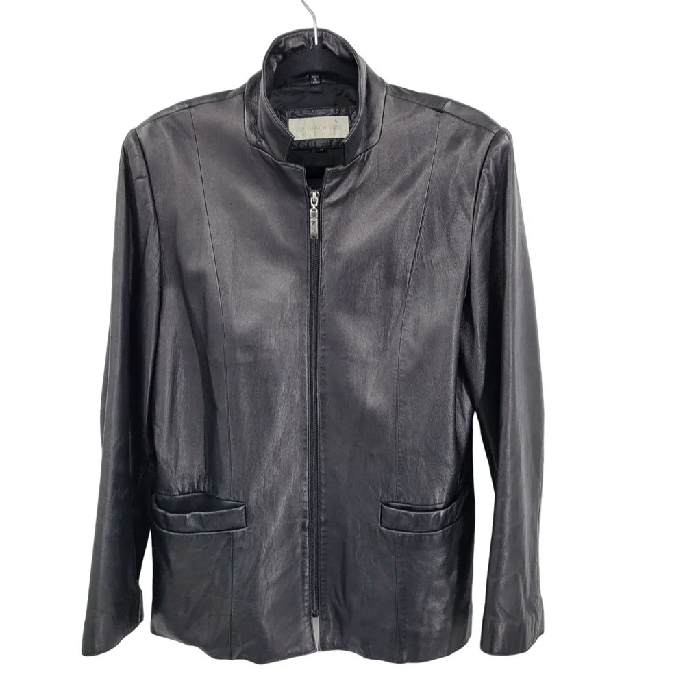 Vtg 90s Jones New York Buttery Leather Moto Blazer Jacket Coat L Black Zip Up‎